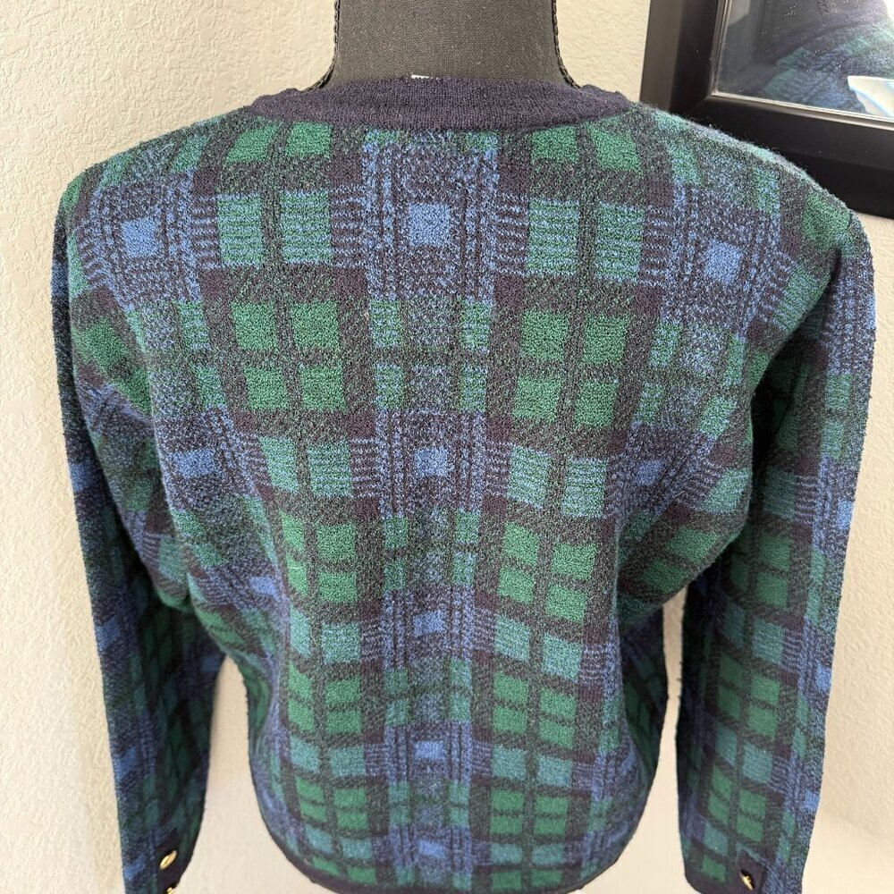 VINTAGE 80s Talbots Tartan Plaid Blue Green Cardigan Sweater Medium - Picture 13 of 14